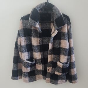 Black, Grey, And Cream Plaid Button Up Sherpa Jacket